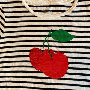 J. Crew Sequin Cherries Collector Tee in navy and white stripes.